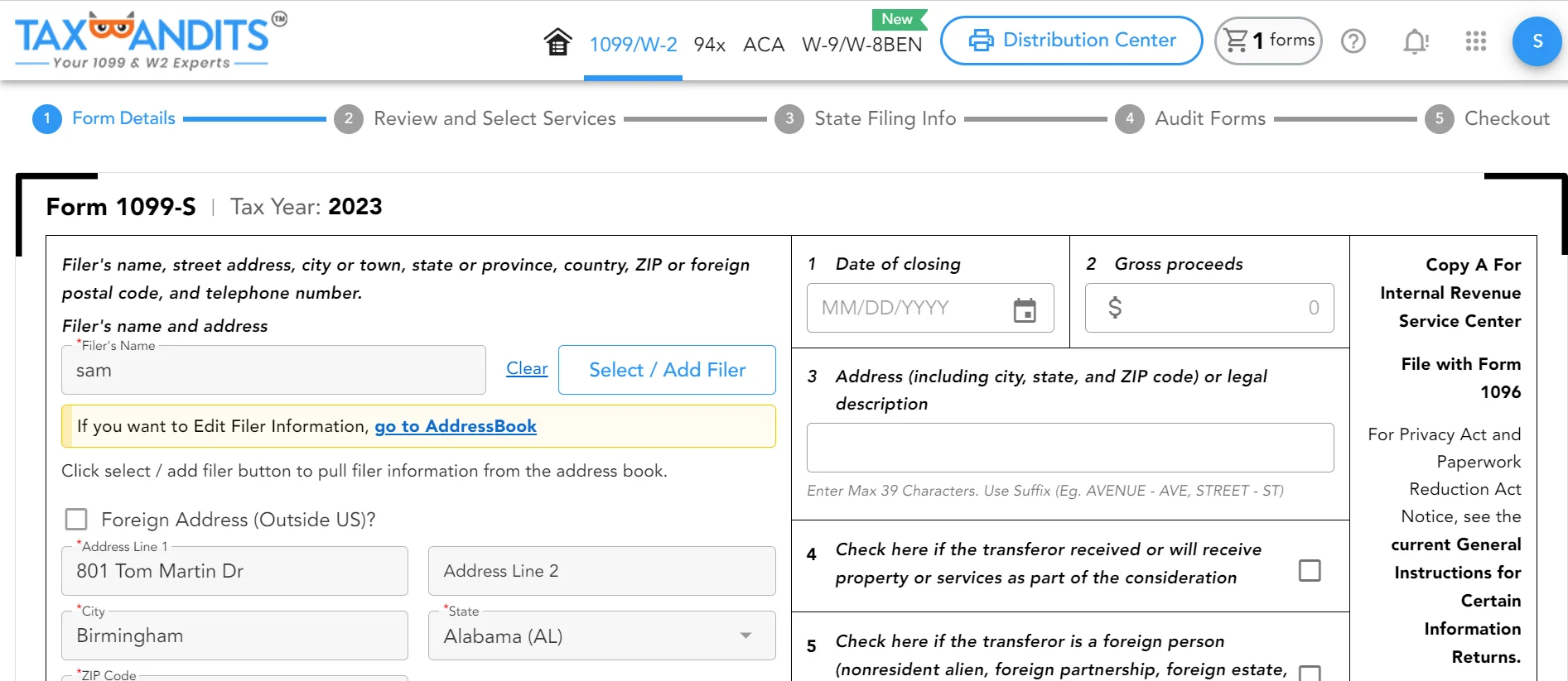 Enter Form 1099-S Details